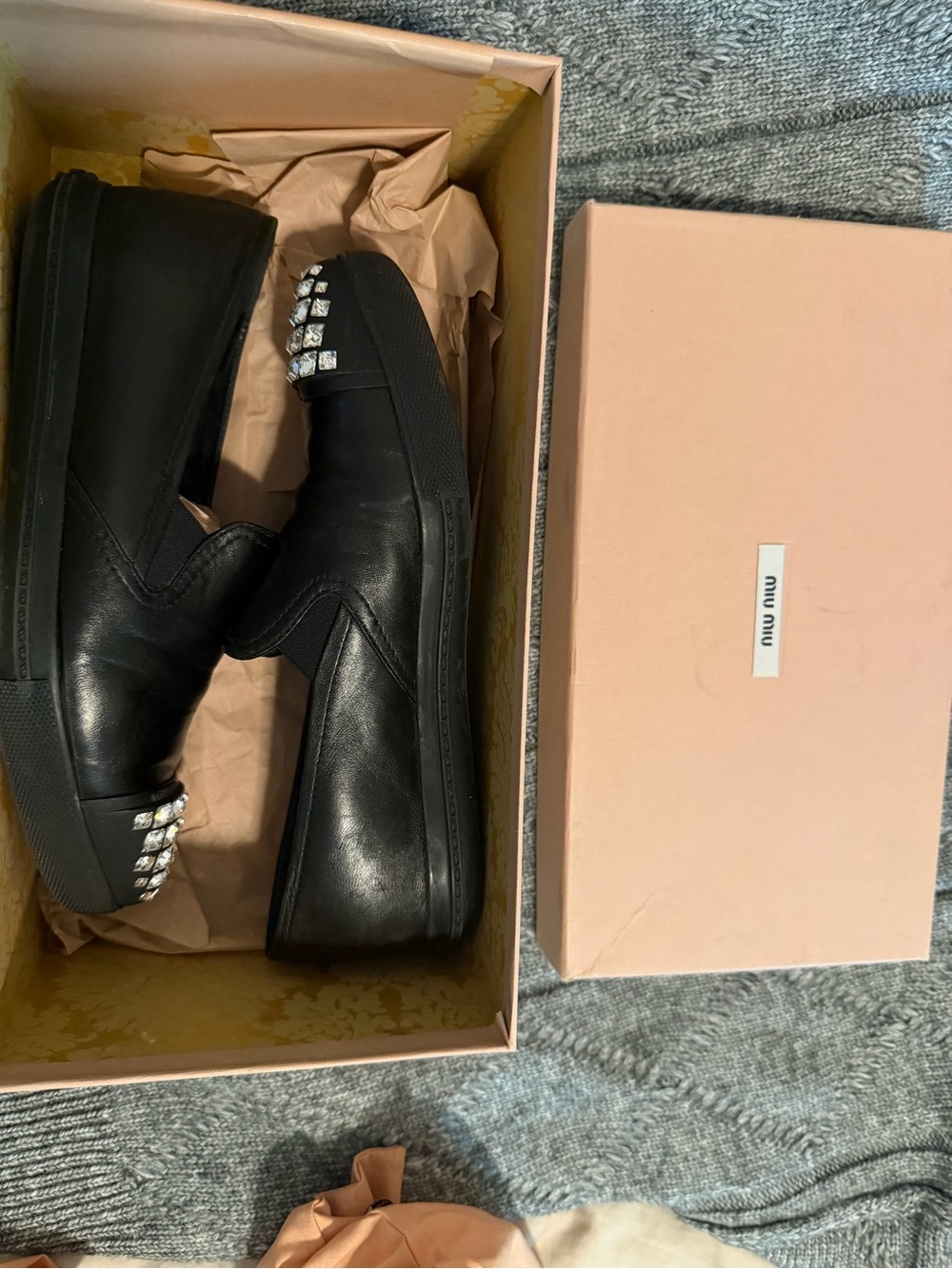 Miu Miu Black Leather Slip-On Sneakers with Crystal Toe & Heel Accents